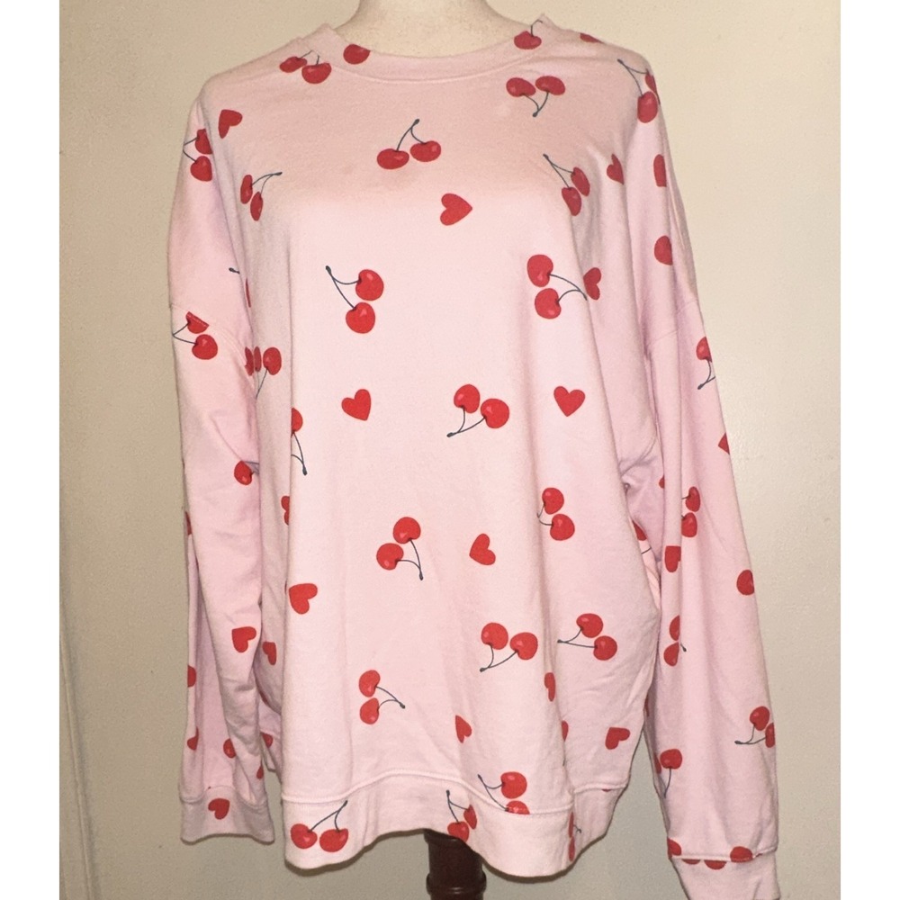 Grayson Threads Pink Cherry Heart Graphic Crewneck Pullover Sweatshirt XXL Plus